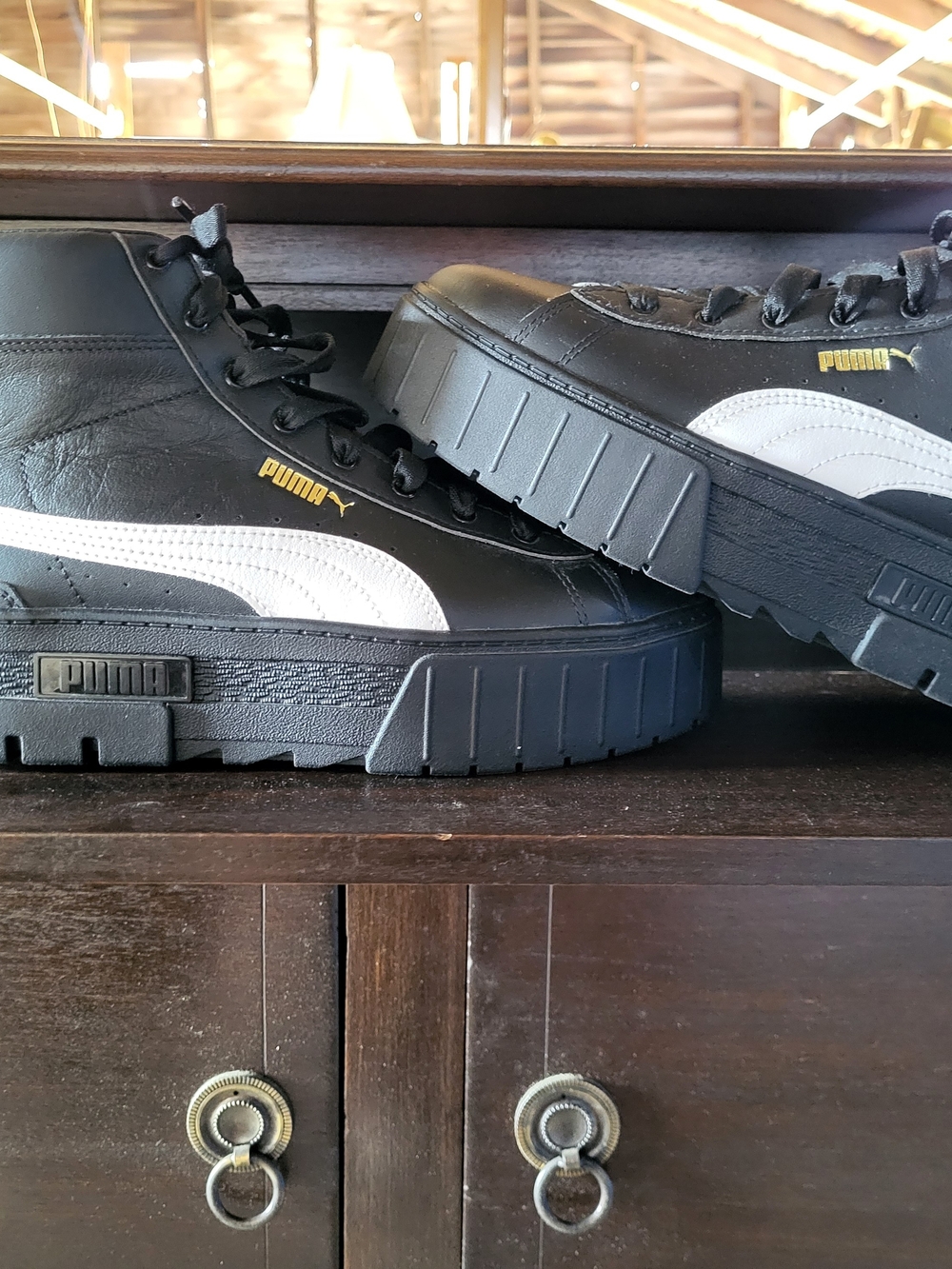 Puma Men's Black & White Platform Sneakers with Gold Logo